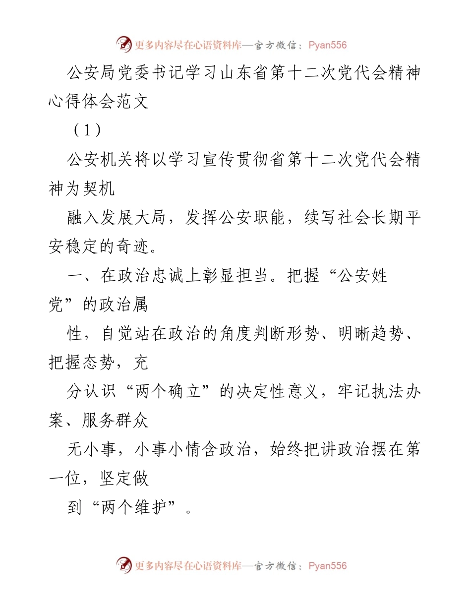 [发言] 公安局党委学习会 - 深入学习山东省第十二次党代会精神，提升公安工作担当.docx_第1页
