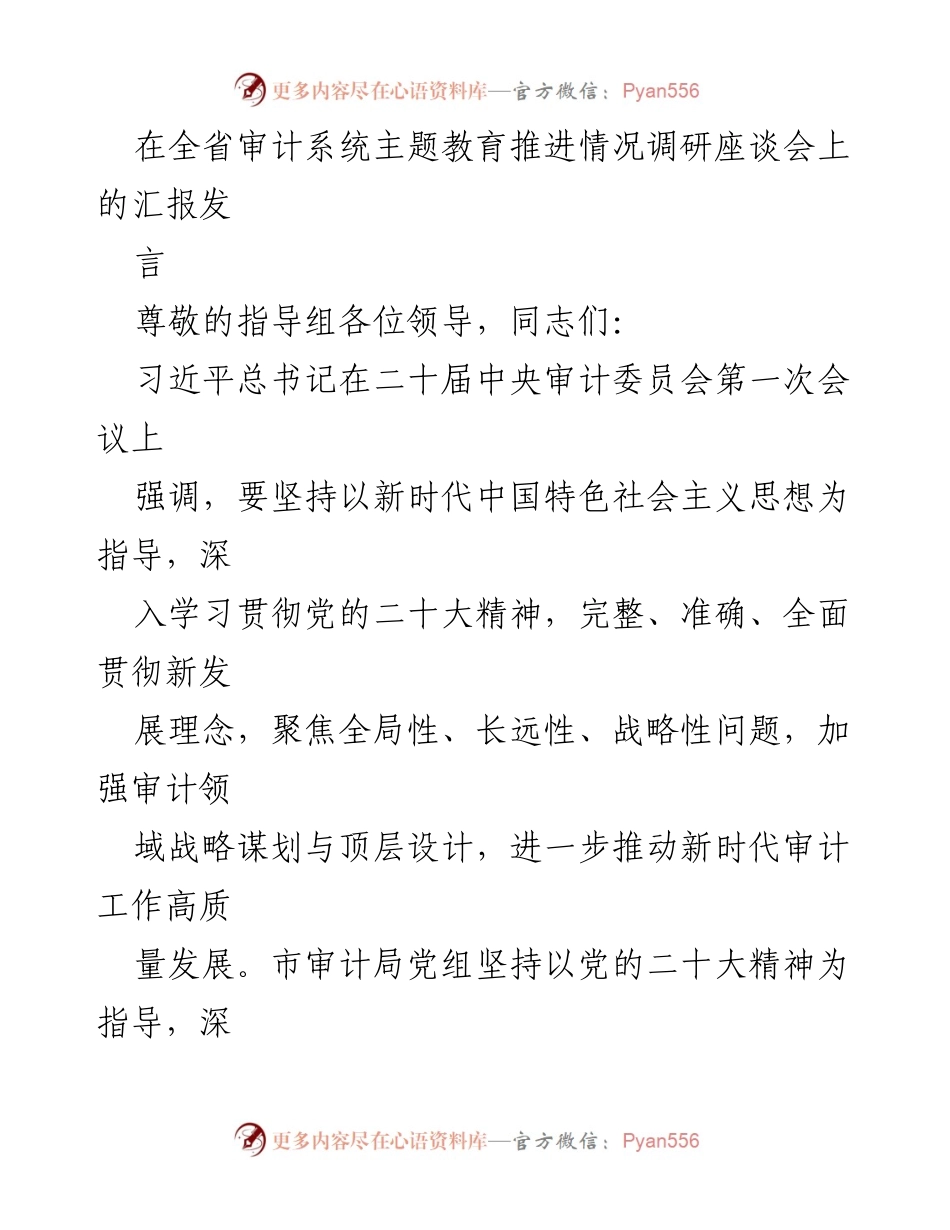 [发言] 全省审计系统主题教育推进情况调研座谈会 - 深入学习习近平新时代中国特色社会主义思想，推动审计工作高质量发展.docx_第1页