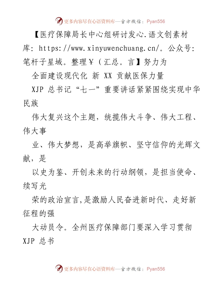 [发言] 医疗保障局长中心组研讨 - 努力为全面建设现代化新XX贡献医保力量.docx_第1页