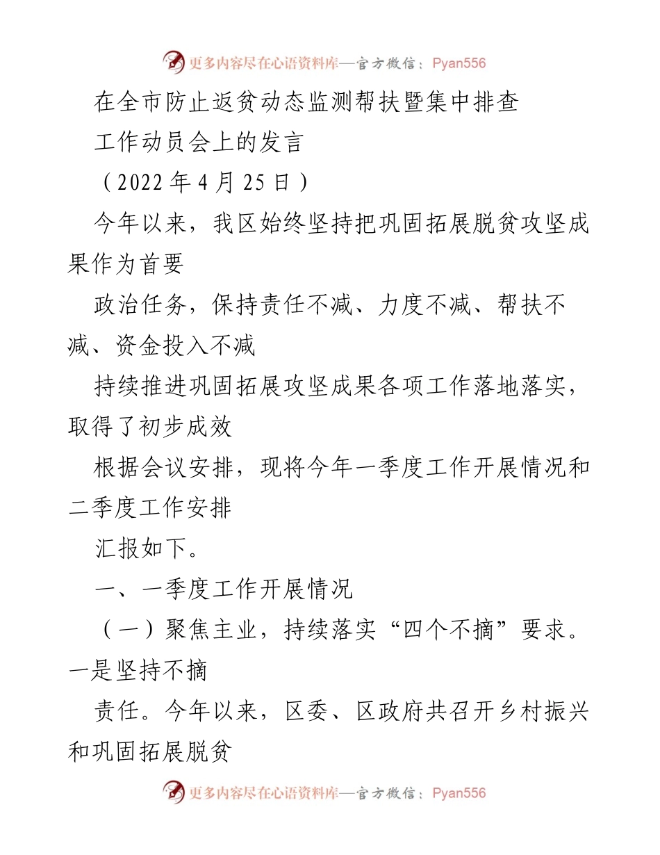 [发言] 全市防止返贫动态监测帮扶暨集中排查工作动员会 - 强化责任与帮扶，确保脱贫成果持续巩固.docx_第1页