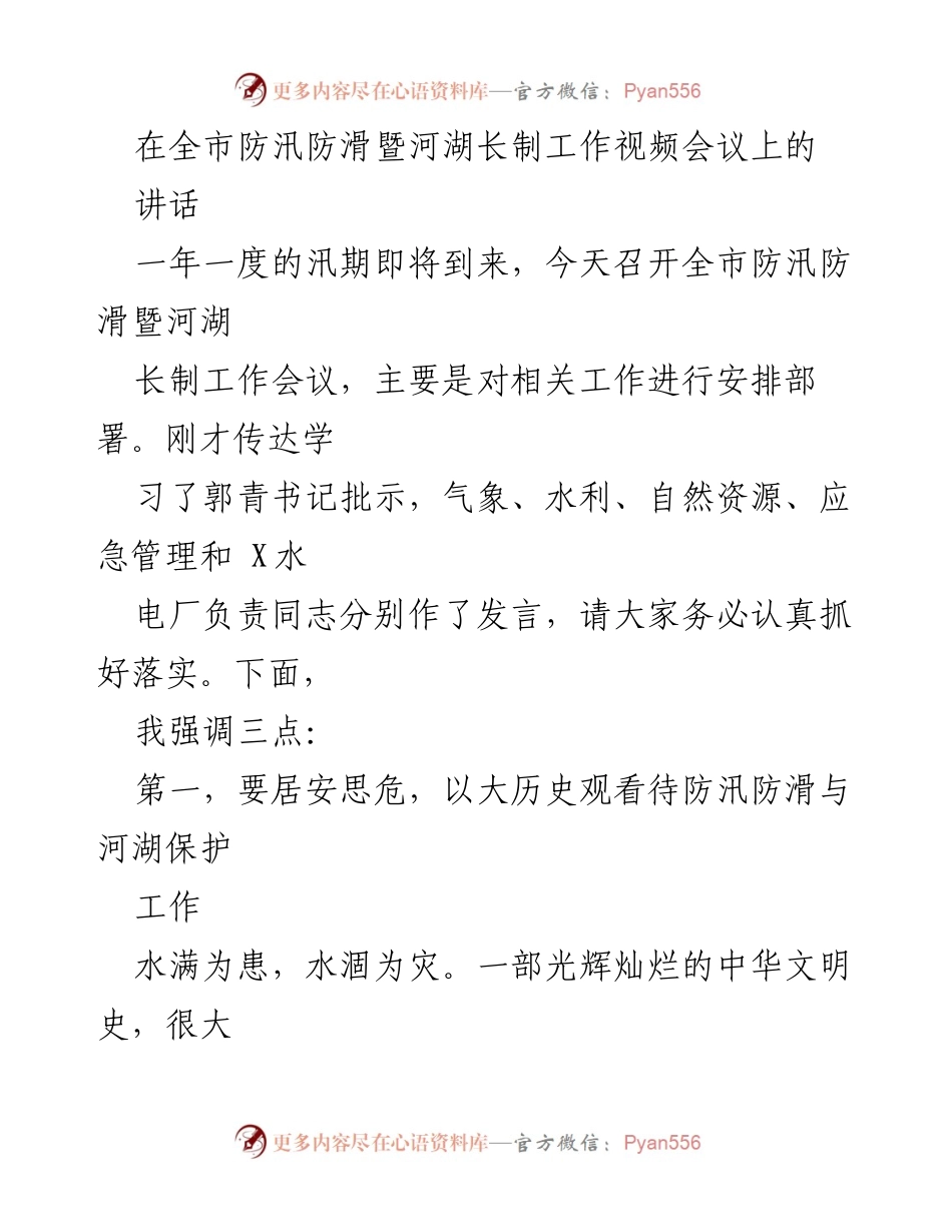 [发言] 全市防汛防滑暨河湖长制工作视频会议 - 加强防汛防滑工作，守护水资源安全.docx_第1页
