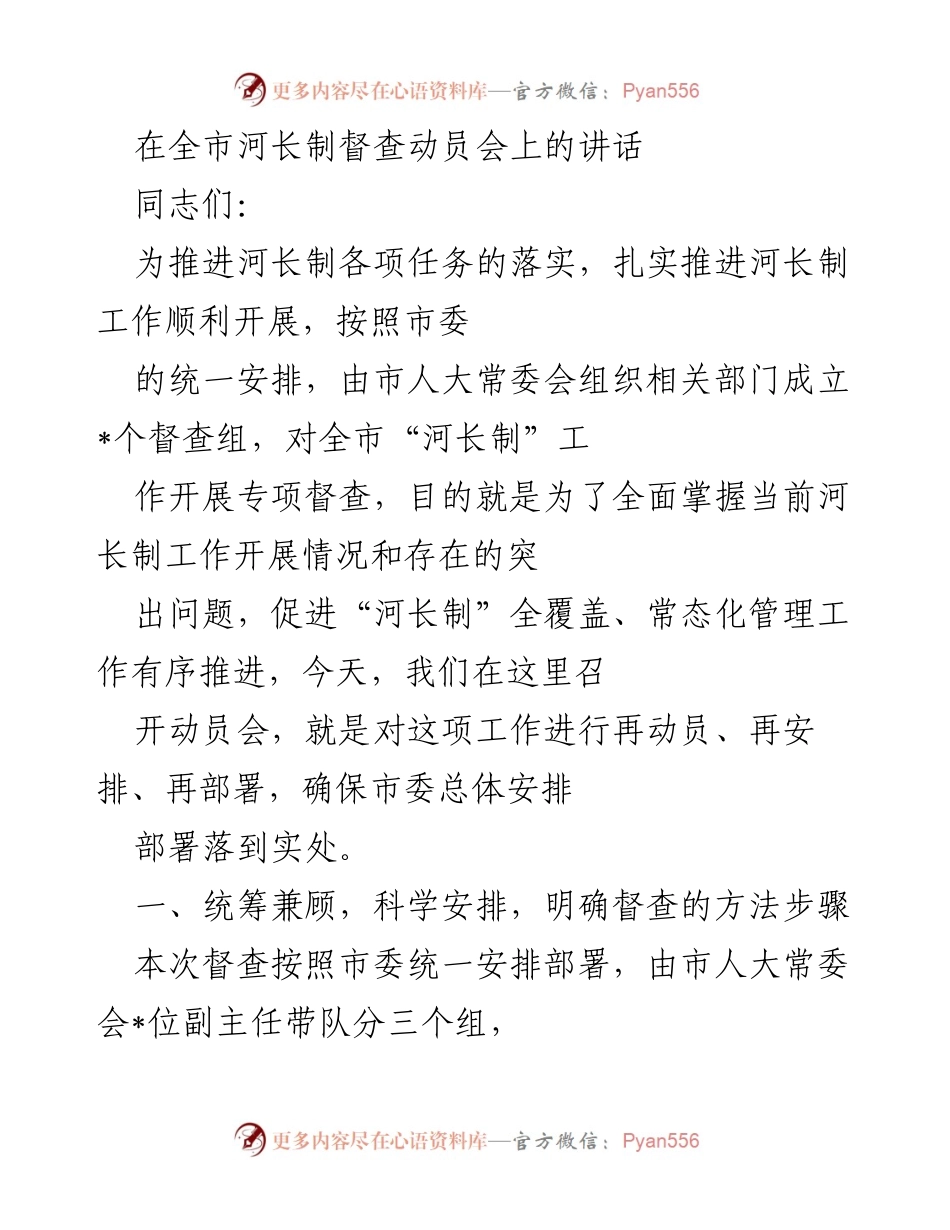 [发言] 全市河长制督查动员会 - 加强河长制督查，确保工作落实.docx_第1页