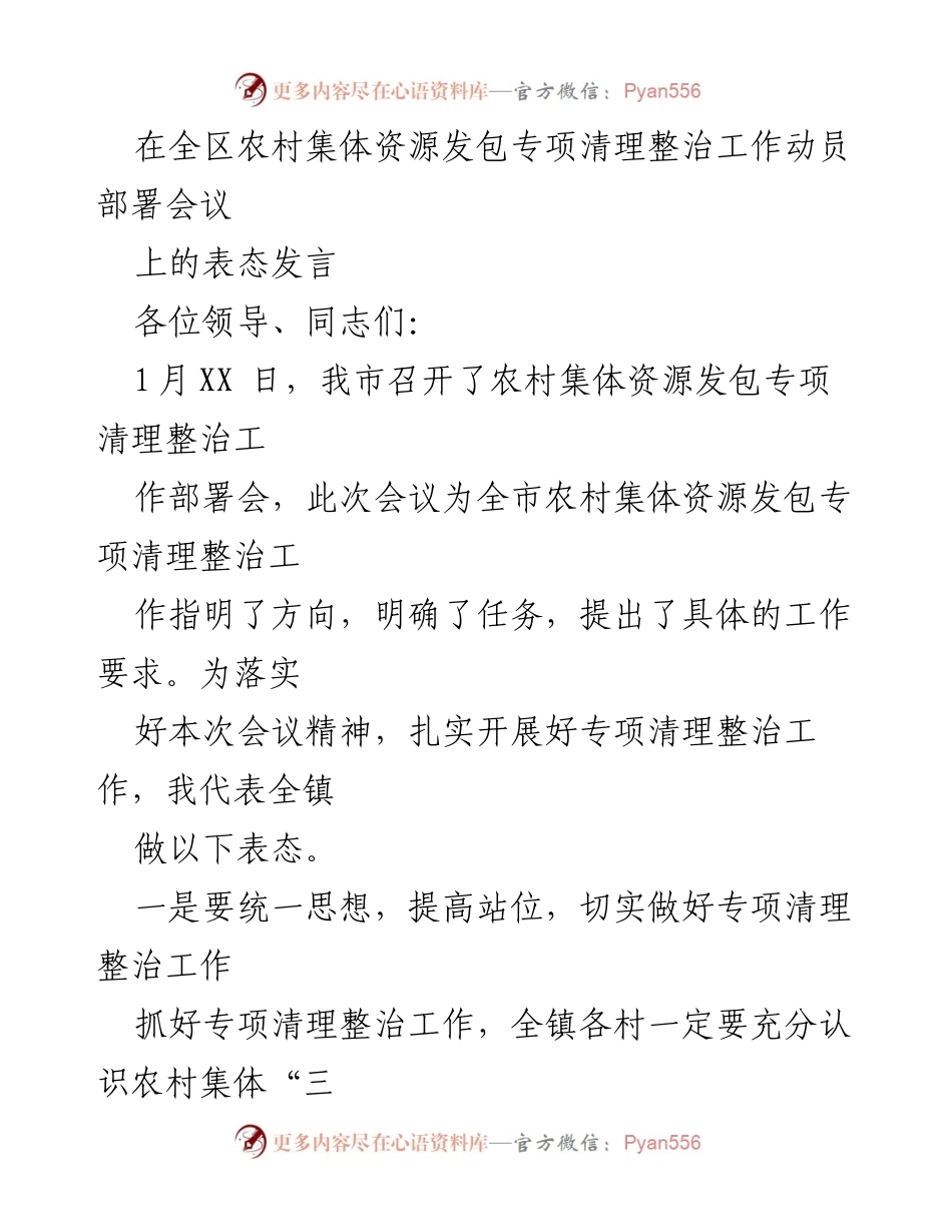 [发言] 农村集体资源发包专项清理整治工作动员部署会议 - 全镇表态发言：扎实推进农村集体资源清理整治工作.docx_第1页
