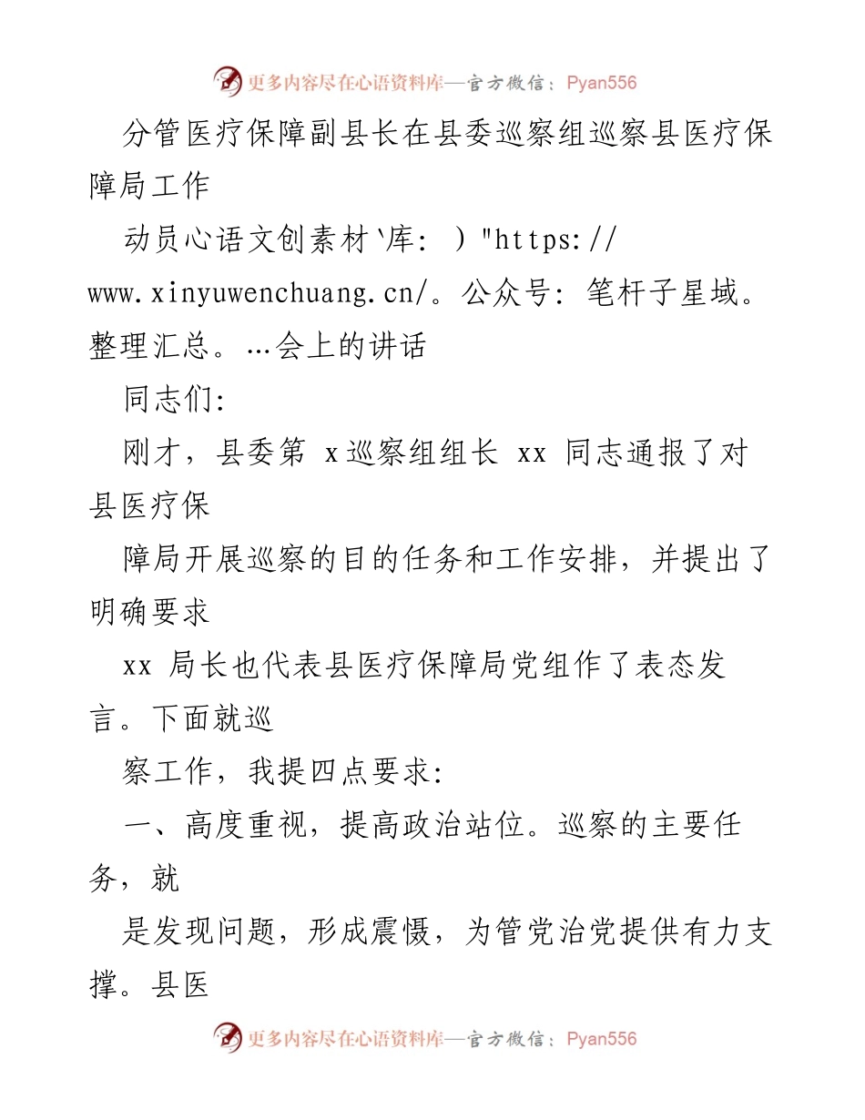 [发言] 动员会 - 强化巡察工作意识，确保医疗保障局整改落实.docx_第1页