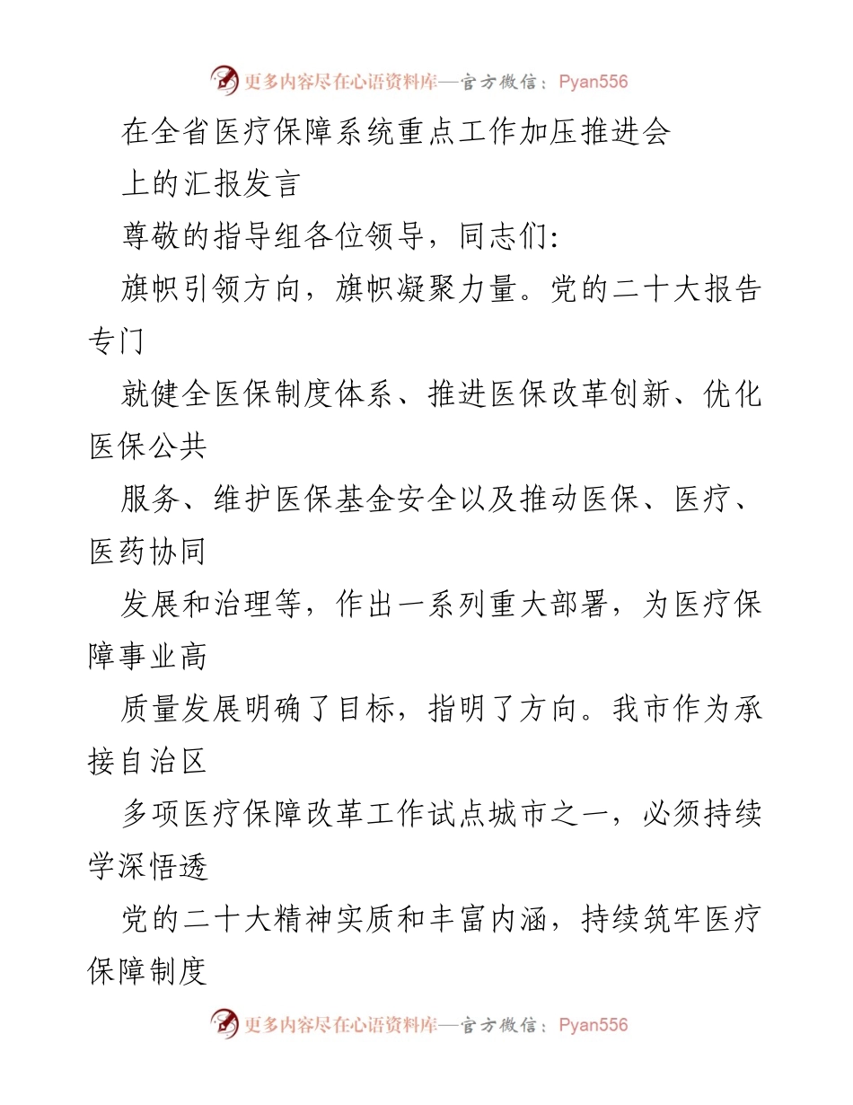[发言] 全省医疗保障系统重点工作加压推进会 - 医疗保障改革新征程：落实党的二十大精神的实践路径.docx_第1页