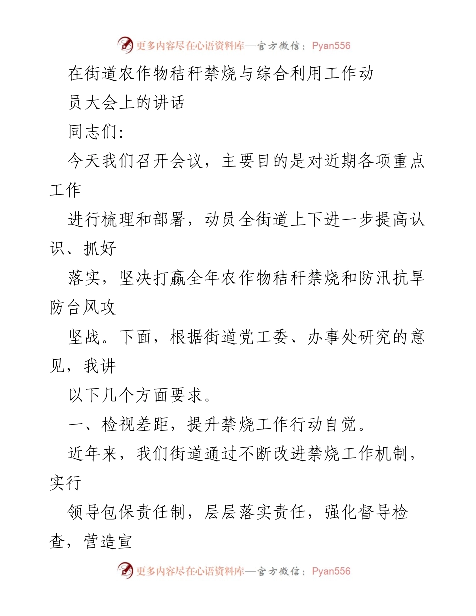 [发言] 农作物秸秆禁烧与综合利用工作动员大会 - 积极动员，全面落实农作物秸秆禁烧工作.docx_第1页