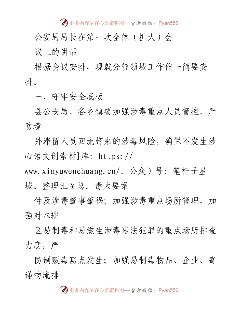 [发言] 公安局第一次全体（扩大）会议 - 加强安全防控，服务经济发展：公安局长讲话要点.docx_第1页