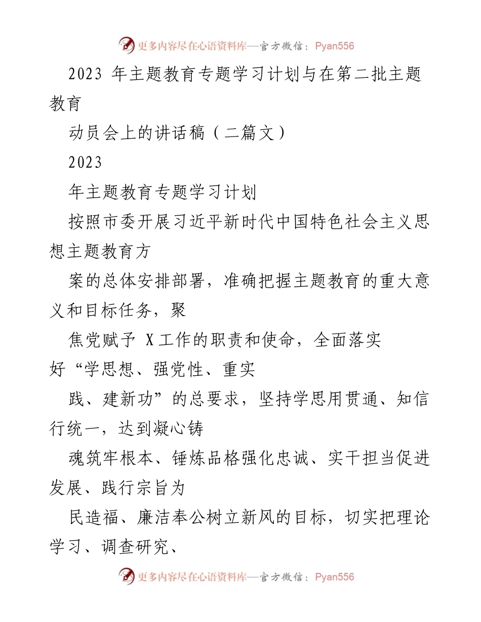 [发言] 动员会 - 2023年主题教育专题学习计划与动员讲话.docx_第1页