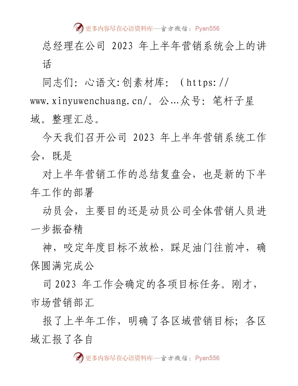 [发言] 公司营销系统工作会 - 总经理在2023年上半年营销系统工作会上的讲话.docx_第1页