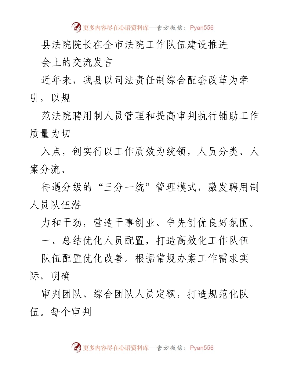 [发言] 全市法院工作队伍建设推进会 - 优化人员配置，提升法院工作队伍建设效率.docx_第1页