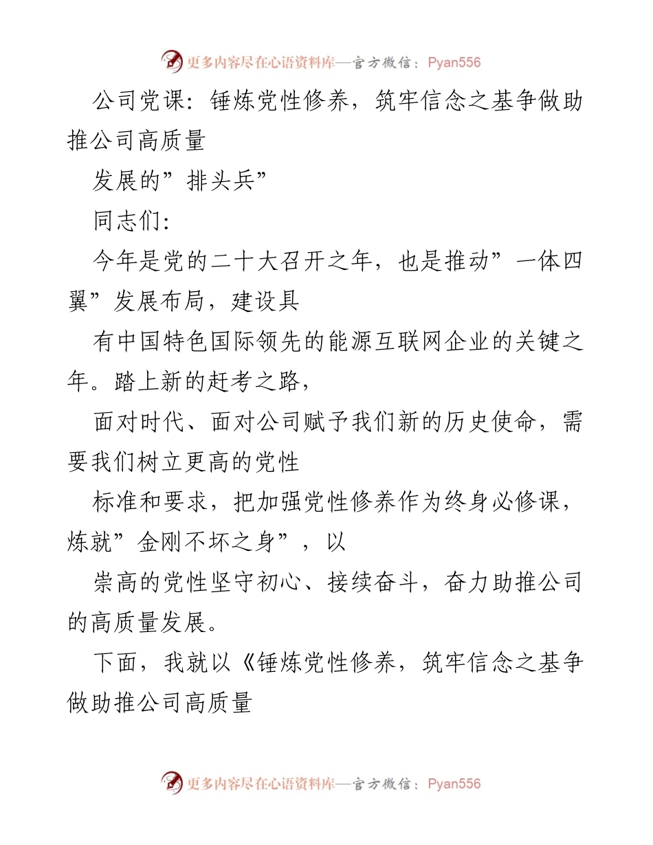 [发言] 公司党课 - 锤炼党性修养，筑牢信念之基，助推公司高质量发展.docx_第1页