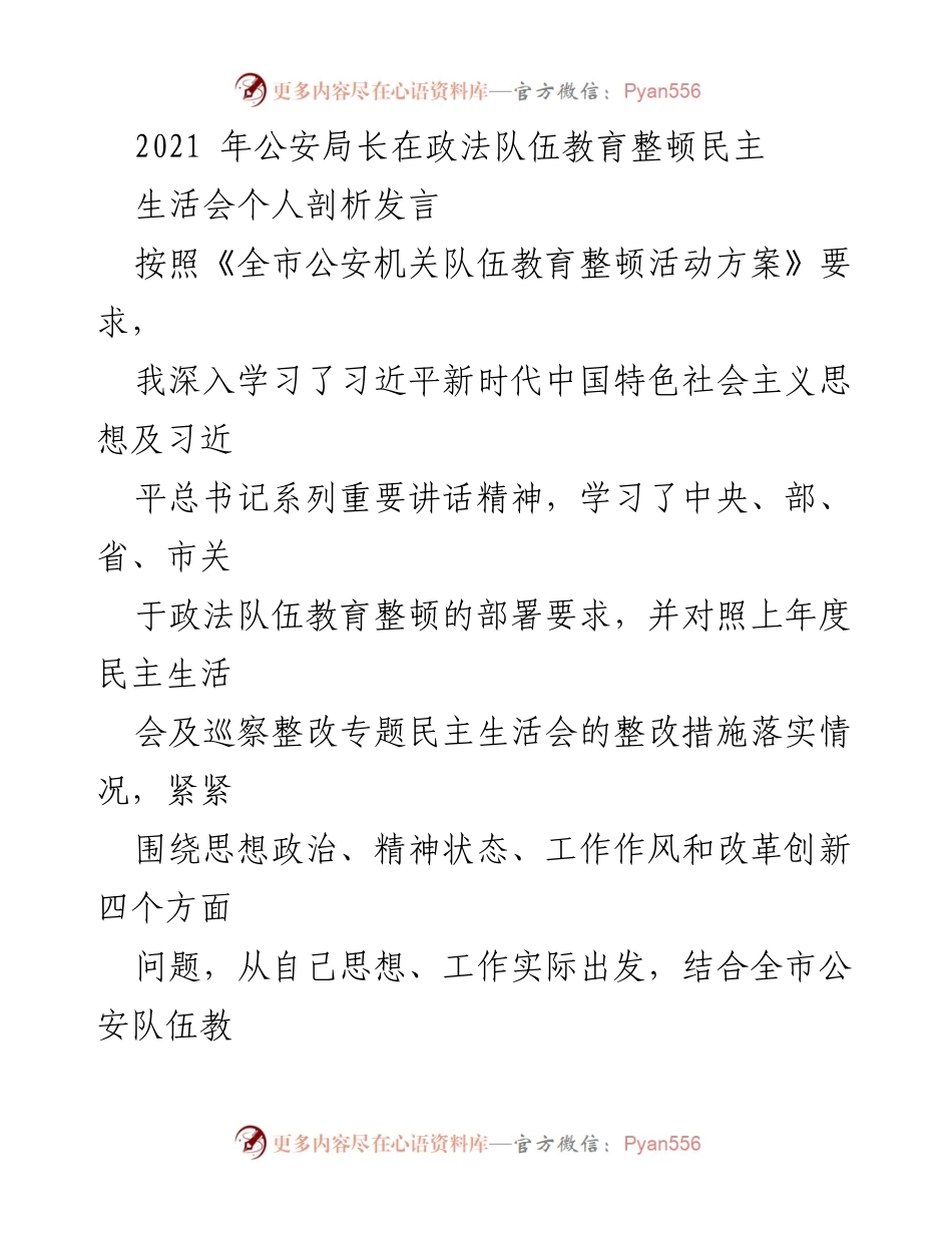 [发言] 公安局政法队伍教育整顿民主生活会 - 公安局长个人剖析发言总结.docx_第1页