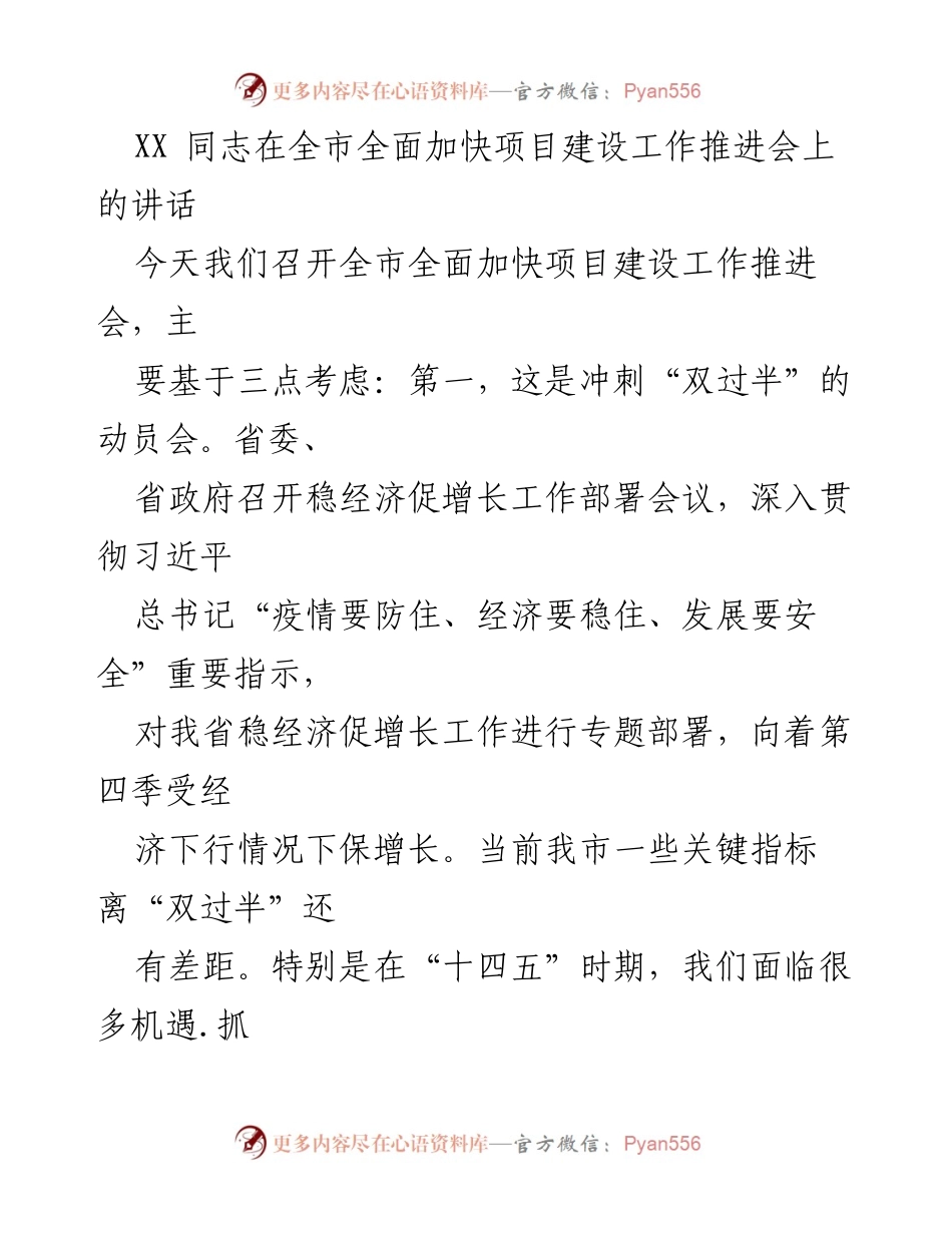 [发言] 全市项目建设工作推进会 - 加快项目建设，冲刺“双过半”目标.docx_第1页