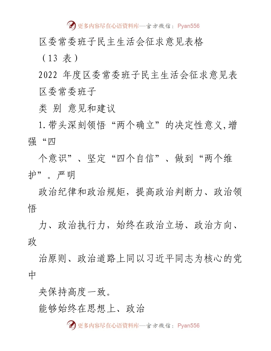 [发言] 区委常委班子民主生活会 - 区委常委班子民主生活会征求意见及建议汇总.docx_第1页