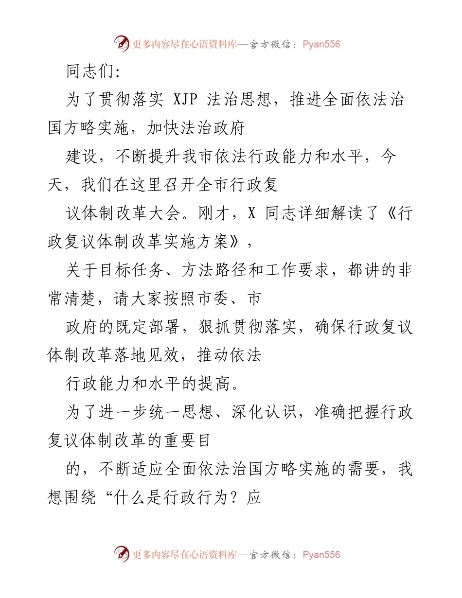 [发言] 全市行政复议体制改革大会 - 深化行政复议体制改革，提升依法行政能力.docx_第1页