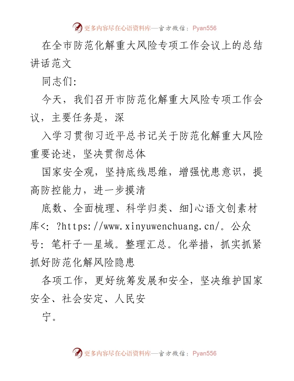 [发言] 全市防范化解重大风险专项工作会议 - 深入学习贯彻风险防范重要论述，提升防控能力与责任担当.docx_第1页