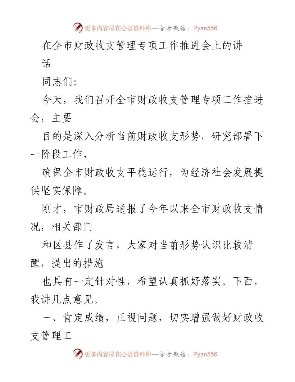 [发言] 全市财政收支管理专项工作推进会 - 加强财政收支管理，确保经济平稳运行.docx_第1页