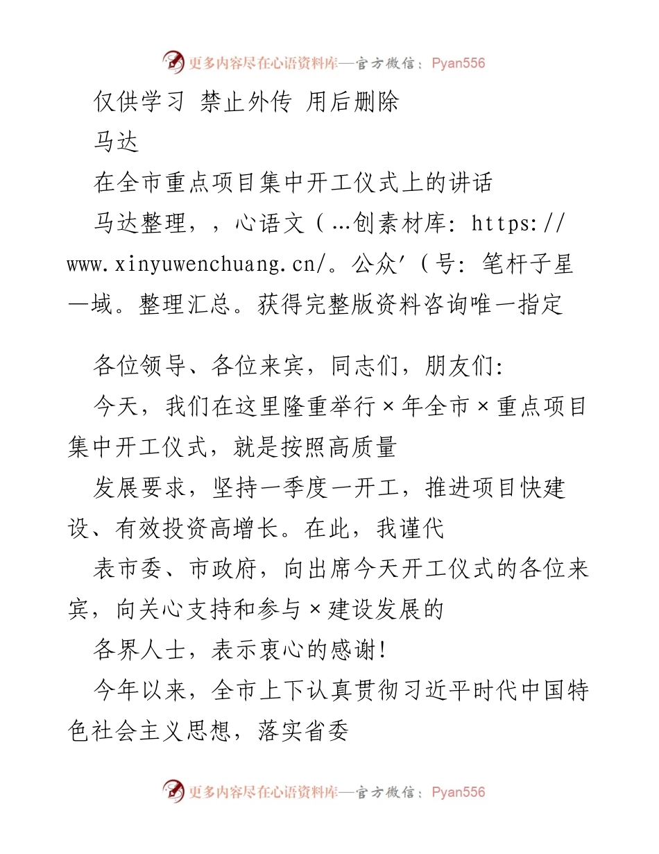 [发言] 全市重点项目集中开工仪式 - 加快项目建设，推动高质量发展.docx_第1页