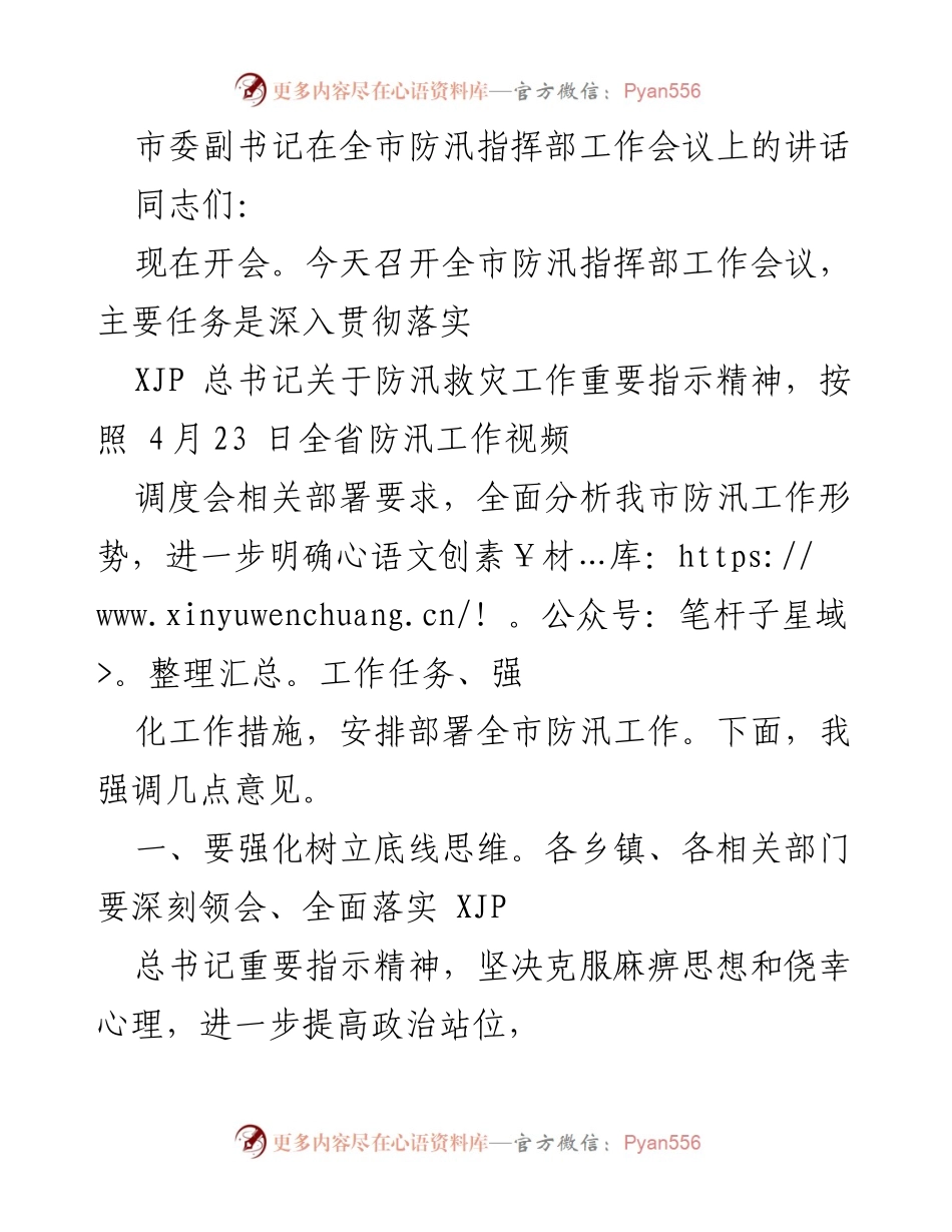 [发言] 全市防汛指挥部工作会议 - 强化防汛责任，确保安全度汛.docx_第1页