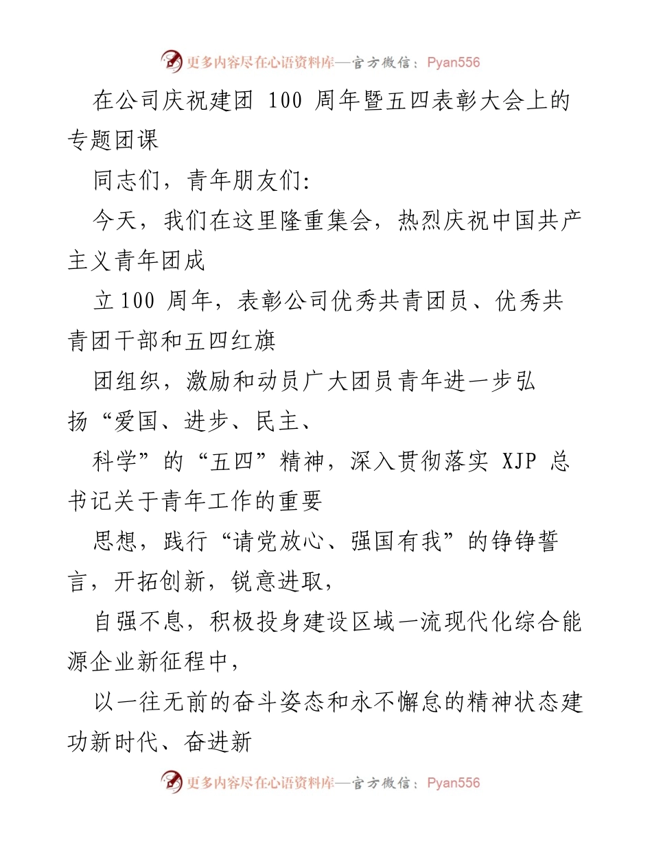 [发言] 公司庆祝建团100周年暨五四表彰大会 - 弘扬五四精神，展现青年担当.docx_第1页