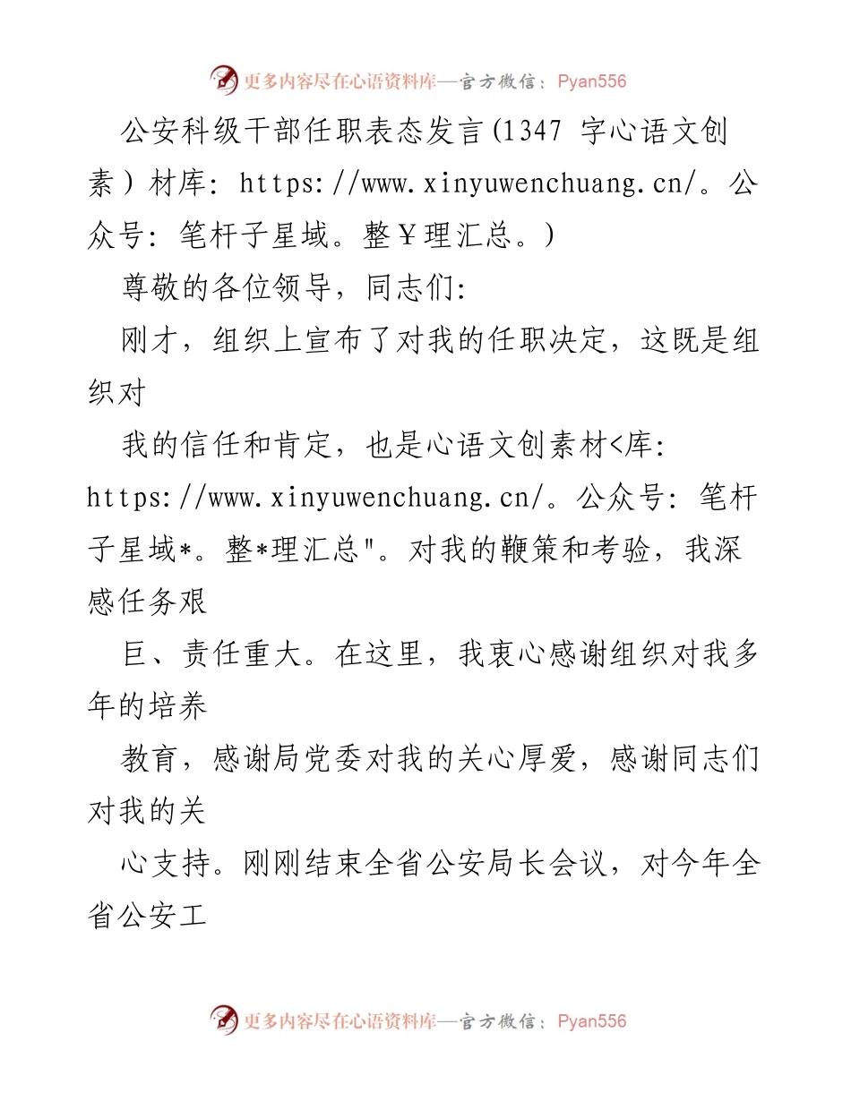 [发言] 公安科级干部任职 - 公安干部任职表态发言：坚定信念、服务群众、严守纪律.docx_第1页