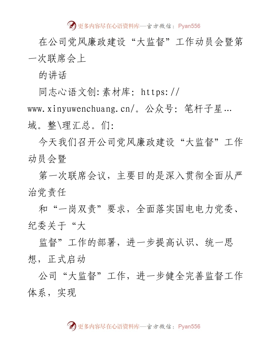 [发言] 动员会 - 启动公司“大监督”工作的重要讲话.docx_第1页