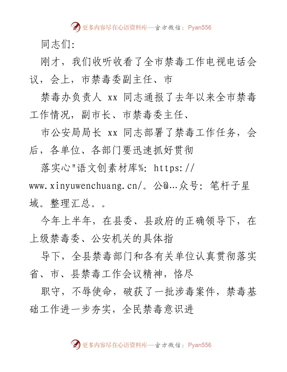 [发言] 全市禁毒工作电视电话会议 - 加强禁毒工作，确保社会安全稳定.docx_第1页