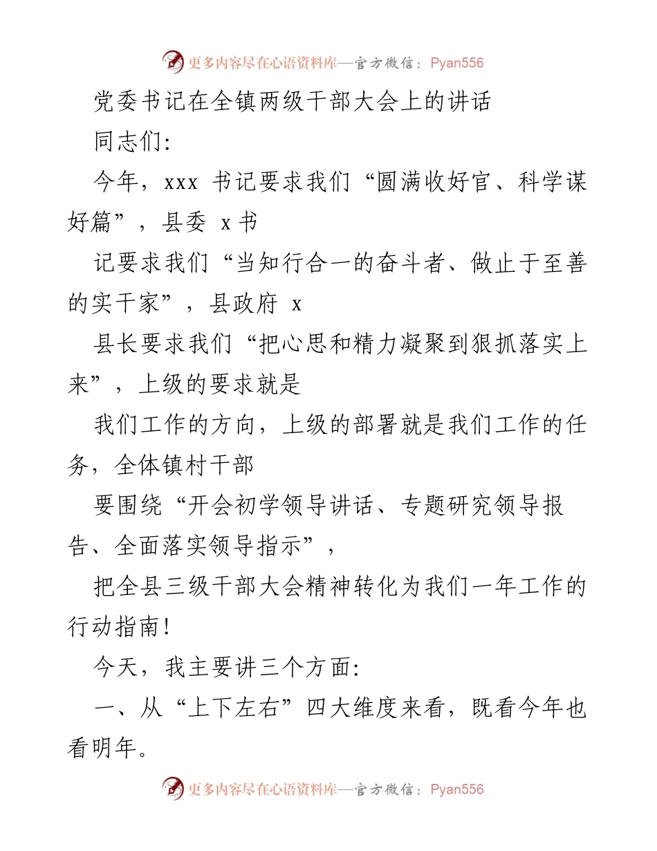 [发言] 全镇两级干部大会 - 党委书记讲话：总结过去，展望未来，凝聚力量狠抓落实.docx_第1页