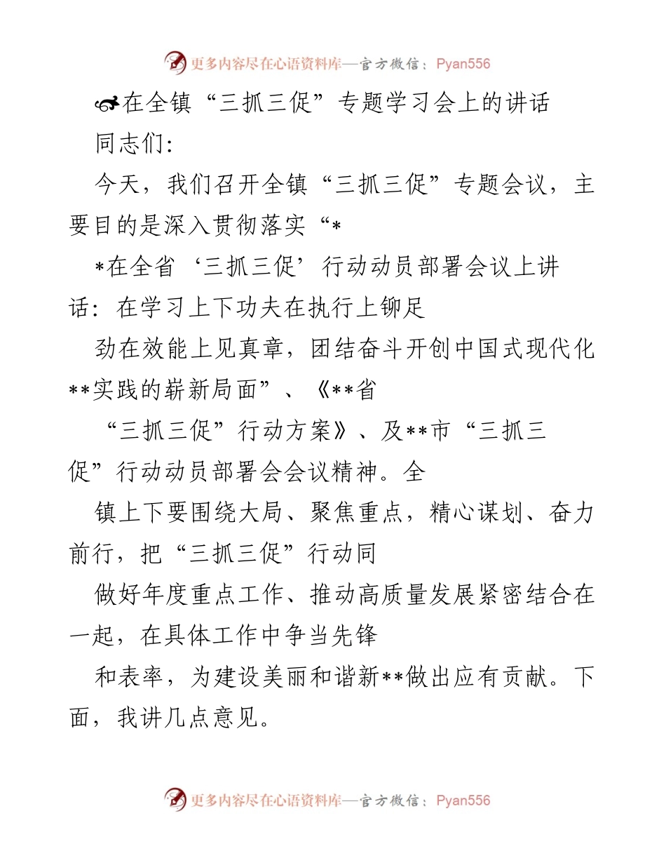 [发言] 全镇“三抓三促”专题学习会 - 深入贯彻“三抓三促”行动，推动高质量发展.docx_第1页