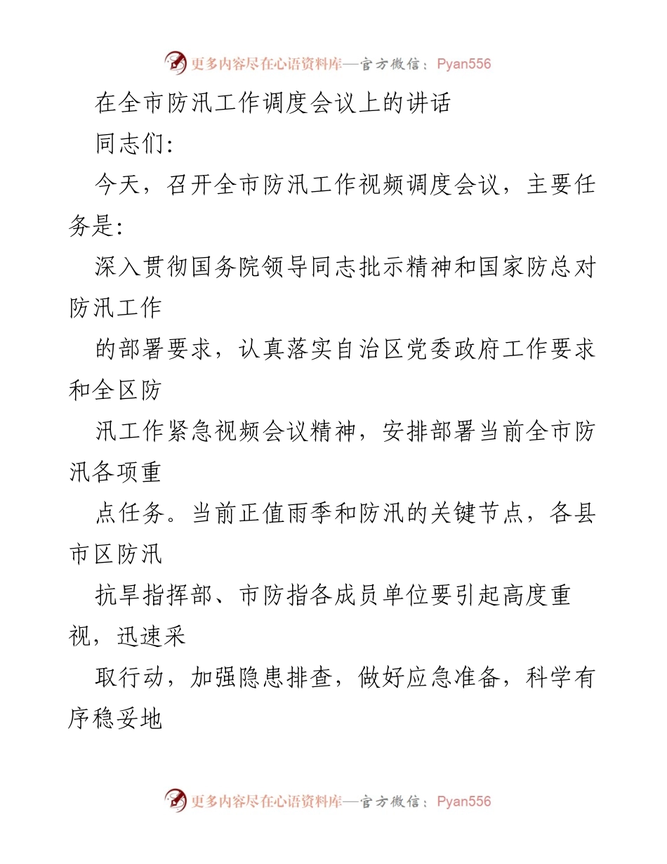 [发言] 全市防汛工作调度会议 - 强化责任与应急响应，确保防汛工作落实.docx_第1页