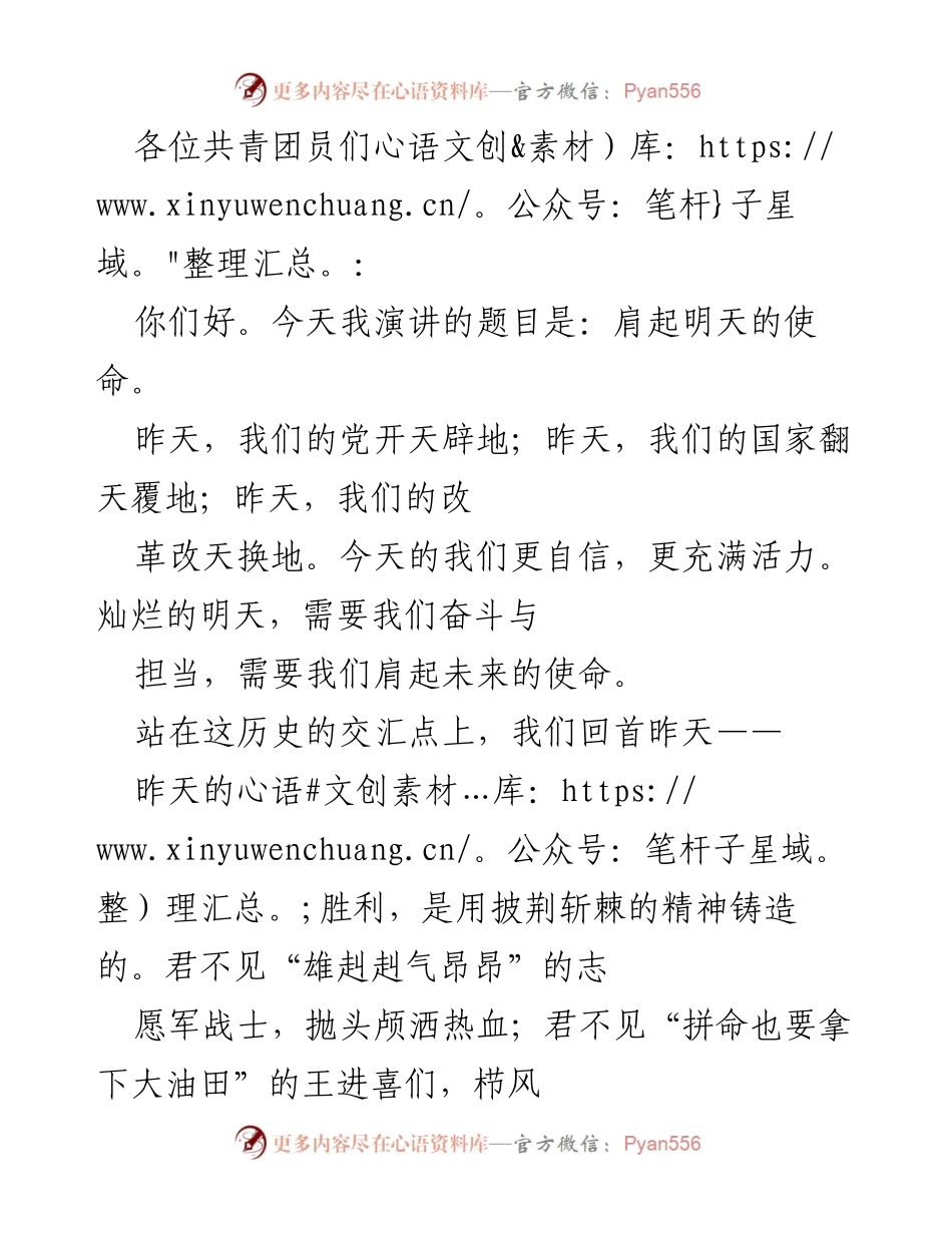 [发言] 共青团员大会 - 肩起明天的使命.docx_第1页