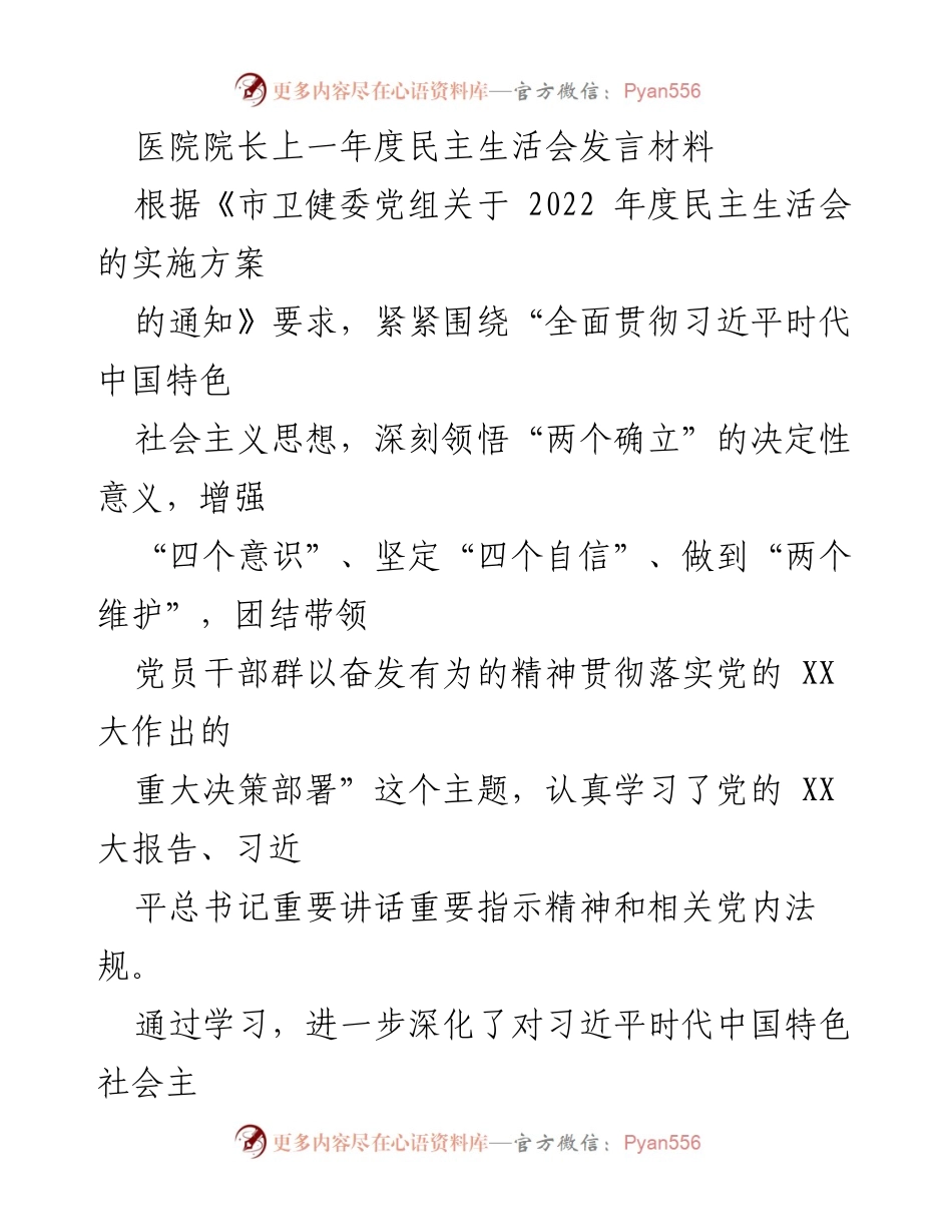 [发言] 医院院长民主生活会 - 深入学习贯彻党的精神，提升政治素养与担当意识.docx_第1页