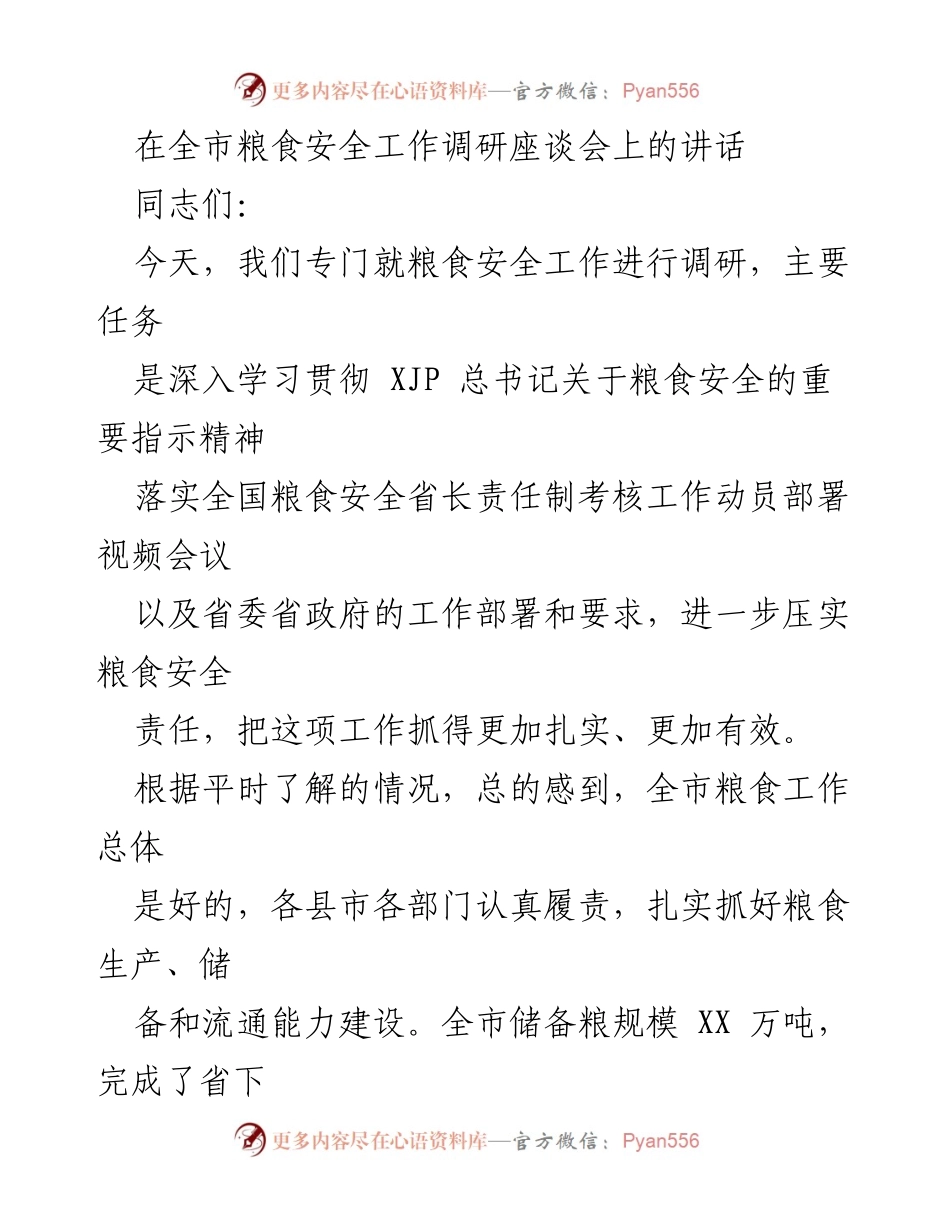 [发言] 全市粮食安全工作调研座谈会 - 加强粮食安全责任，确保民生保障.docx_第1页