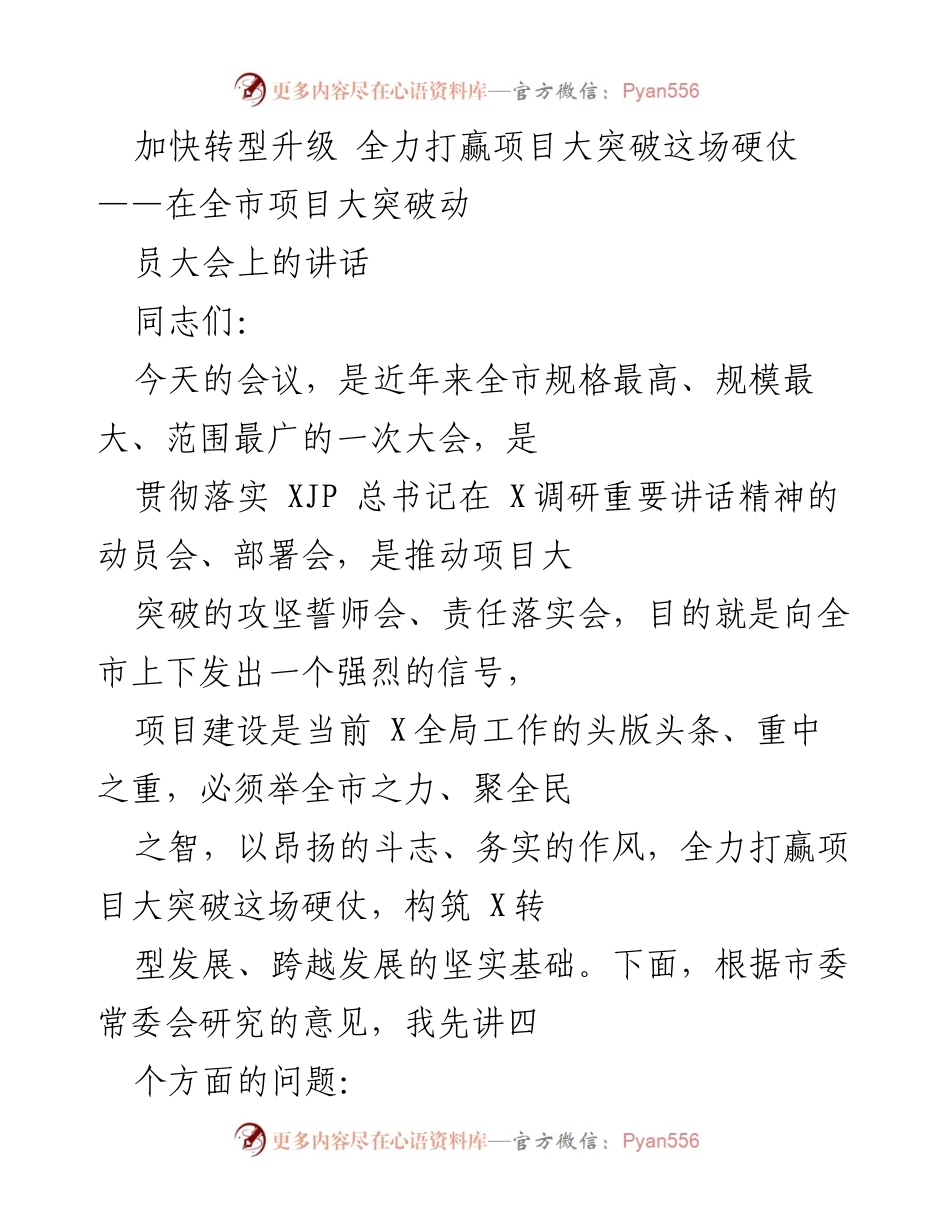 [发言] 动员大会 - 加快转型升级，打赢项目大突破的硬仗.docx_第1页