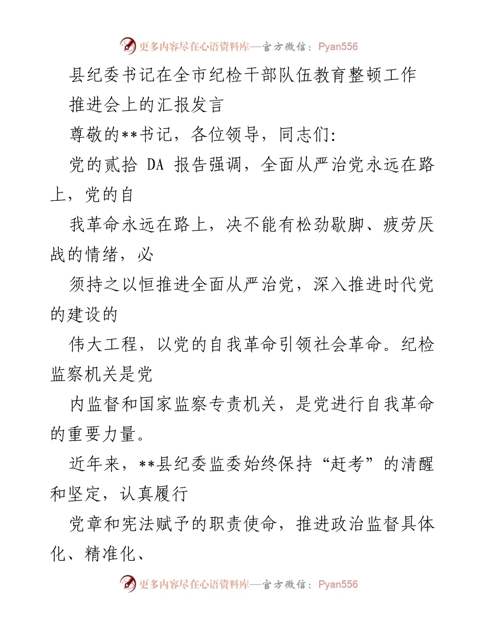 [发言] 全市纪检干部队伍教育整顿工作推进会 - 加强政治监督，推动纪检监察工作高质量发展.docx_第1页
