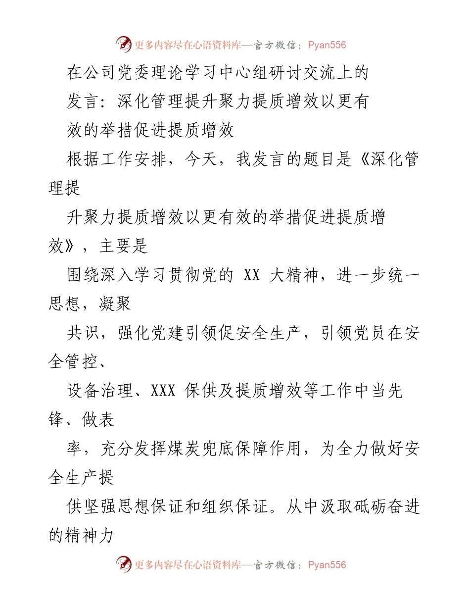 [发言] 公司党委理论学习中心组研讨交流 - 深化管理提升，聚力提质增效，推动安全生产与党建引领.docx_第1页