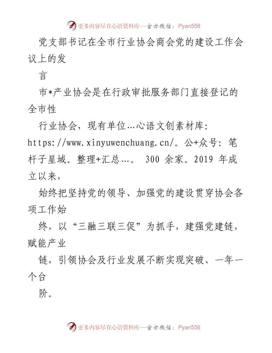 [发言] 全市行业协会商会党的建设工作会议 - 加强党的建设，推动行业发展新突破.docx_第1页