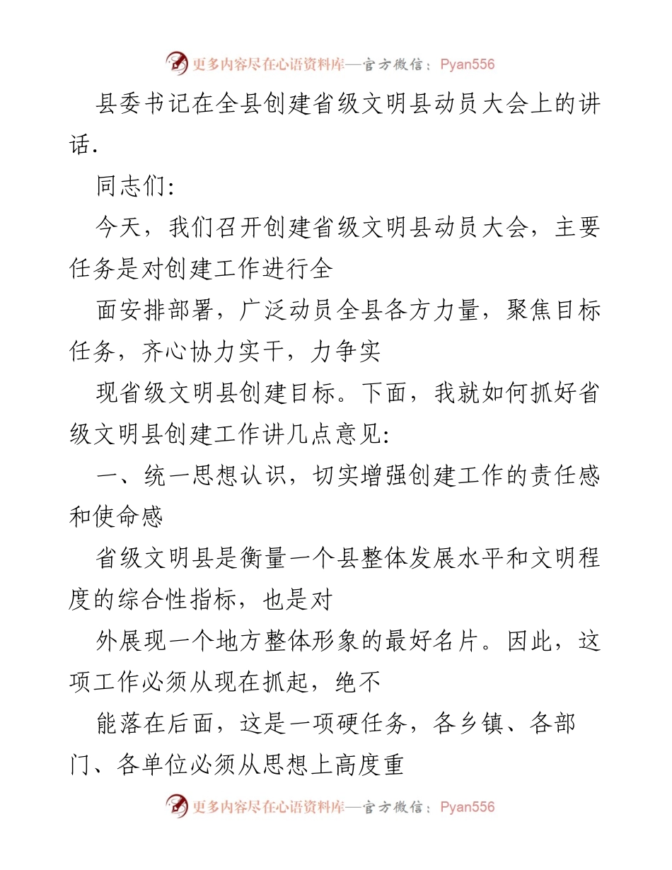 [发言] 动员大会 - 创建省级文明县的重要性与责任感.docx_第1页