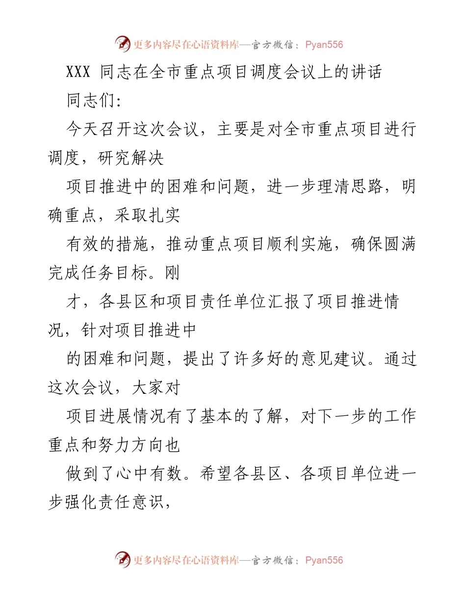 [发言] 全市重点项目调度会议 - 确保重点项目高效推进的讲话.docx_第1页