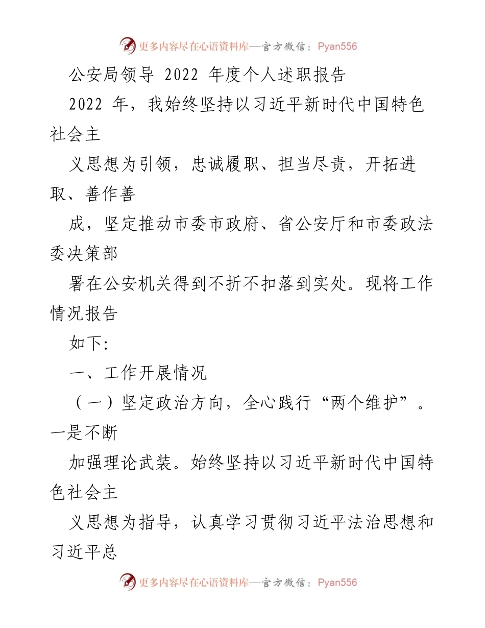 [发言] 公安局年度述职 - 2022年度公安局领导个人述职报告.docx_第1页
