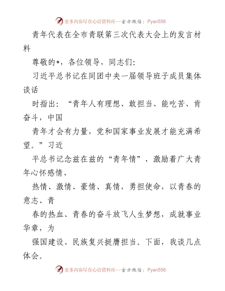 [发言] 全市青联第三次代表大会 - 青年担当与理想信念的力量.docx_第1页