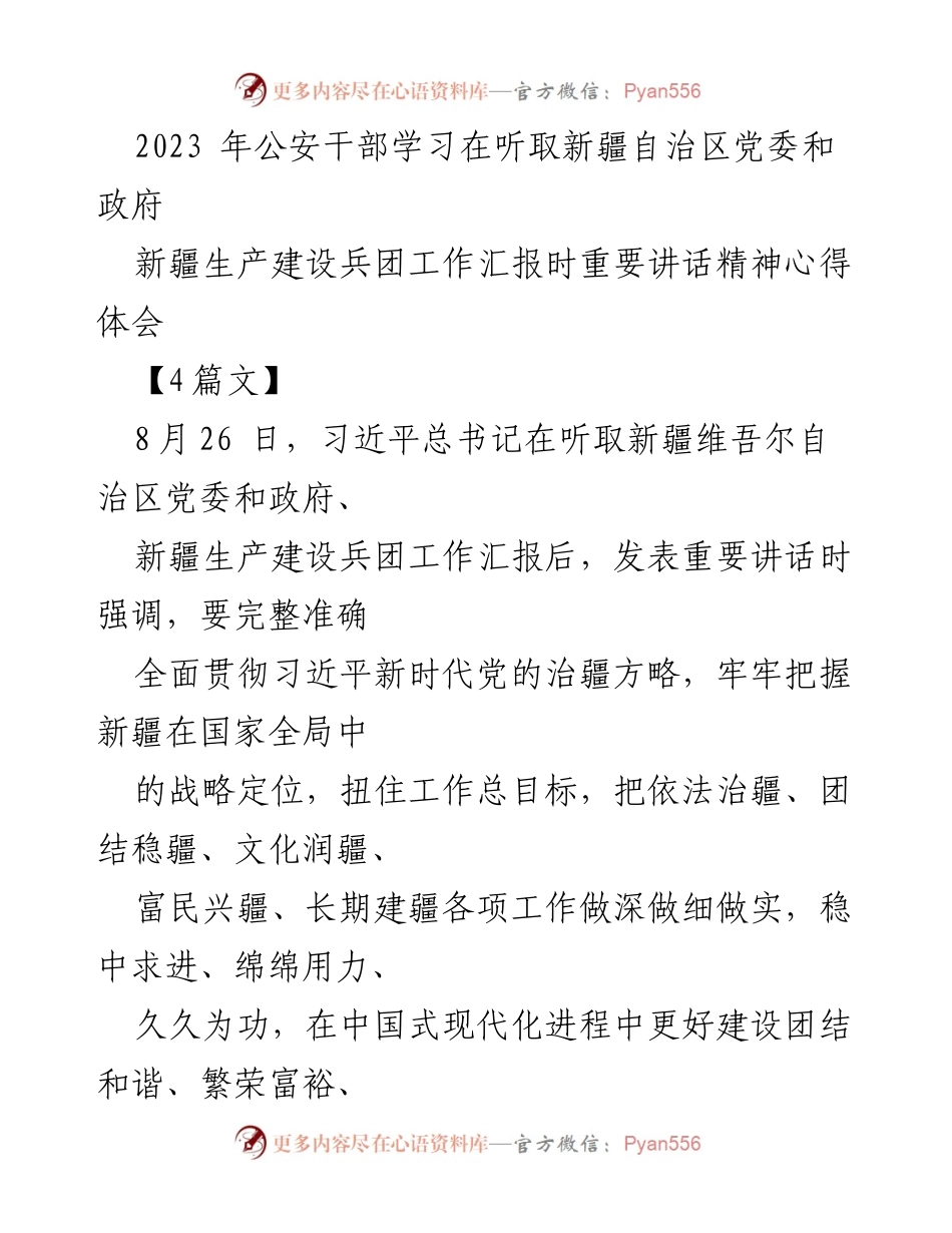 [发言] 公安干部学习会议 - 深入学习习近平总书记重要讲话精神，推动新疆长治久安.docx_第1页