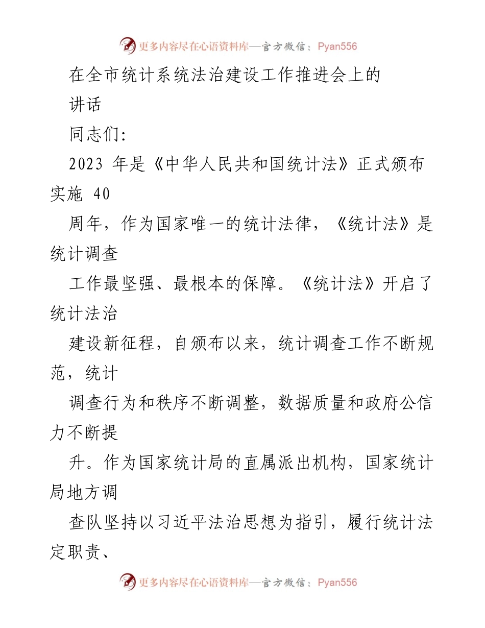 [发言] 全市统计系统法治建设工作推进会 - 依法统计、依法治统，推动统计法治建设新征程.docx_第1页