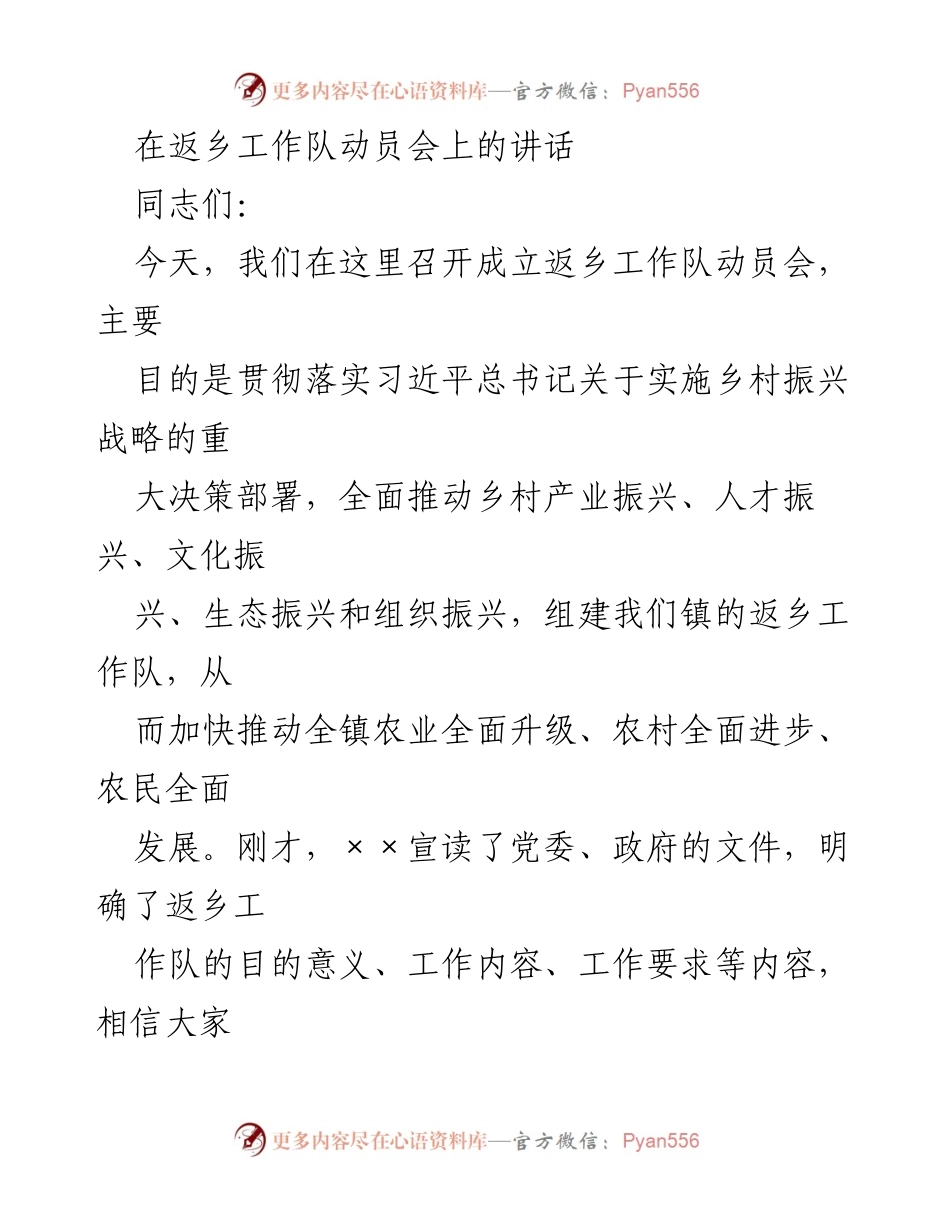 [发言] 动员会 - 返乡工作队动员讲话：推动乡村振兴的重要举措.docx_第1页
