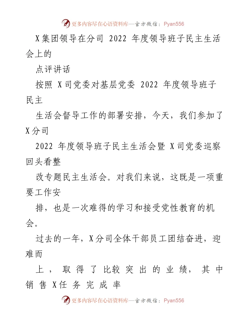 [发言] 分司2022年度领导班子民主生活会 - 强调民主生活会的重要性与成就回顾.docx_第1页