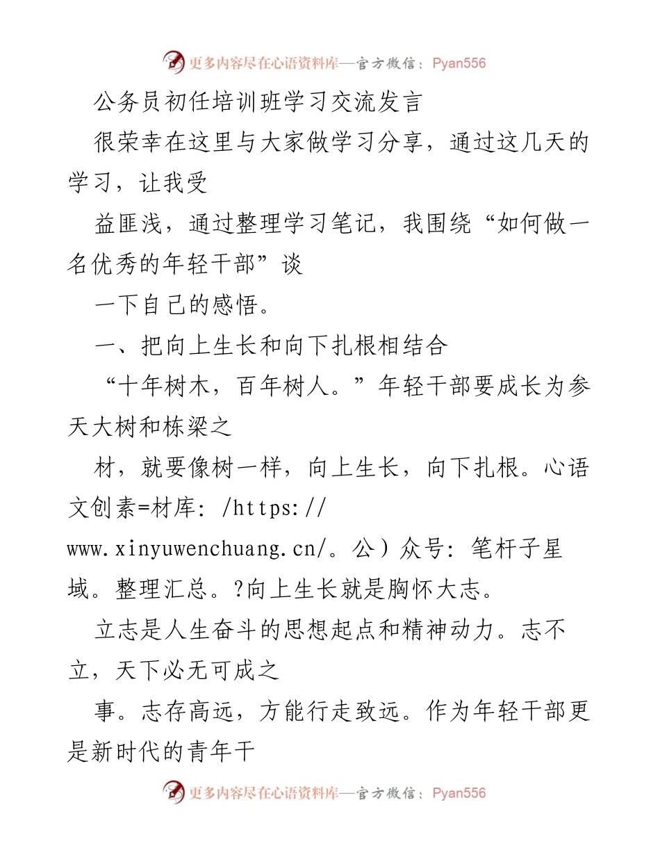 [发言] 公务员初任培训班 - 如何成为优秀年轻干部的思考与分享.docx_第1页
