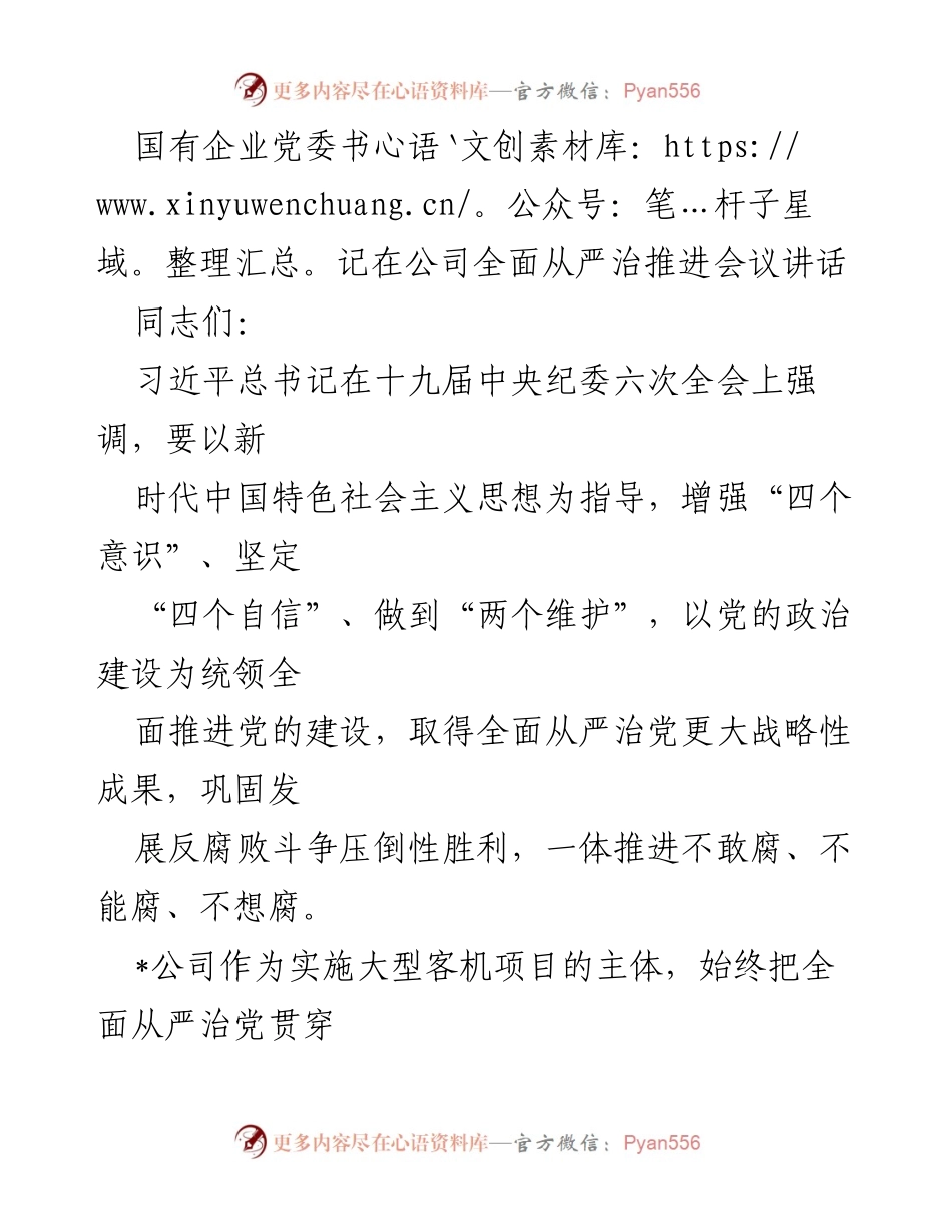 [发言] 公司全面从严治推进会议 - 国有企业党委书记讲话：全面推进党的建设与高质量发展.docx_第1页
