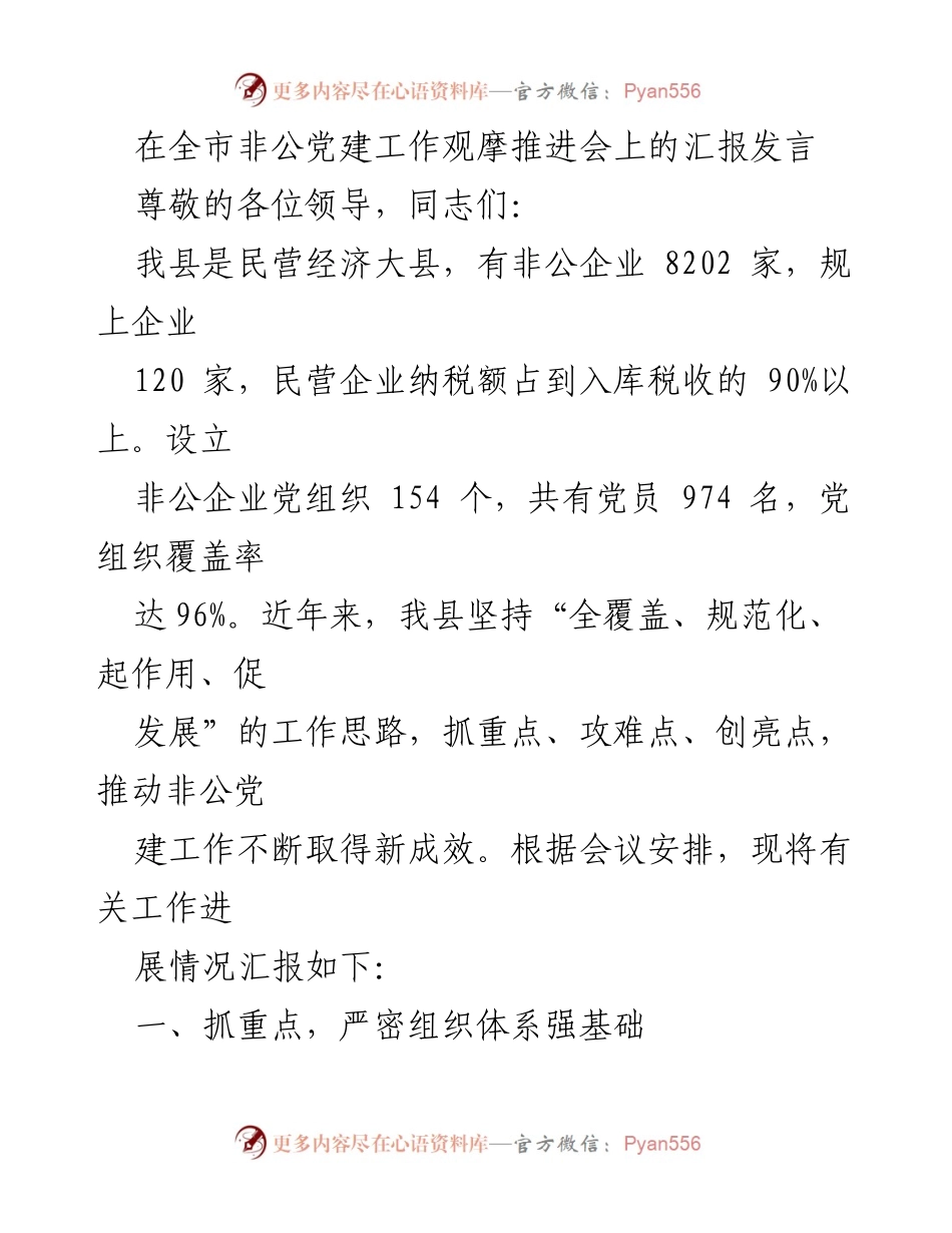 [发言] 全市非公党建工作观摩推进会 - 加强非公党建工作，推动民营经济发展.docx_第1页