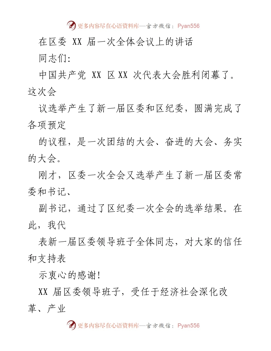 [发言] 区委全体会议 - 新一届区委领导班子的使命与责任_2.docx_第1页