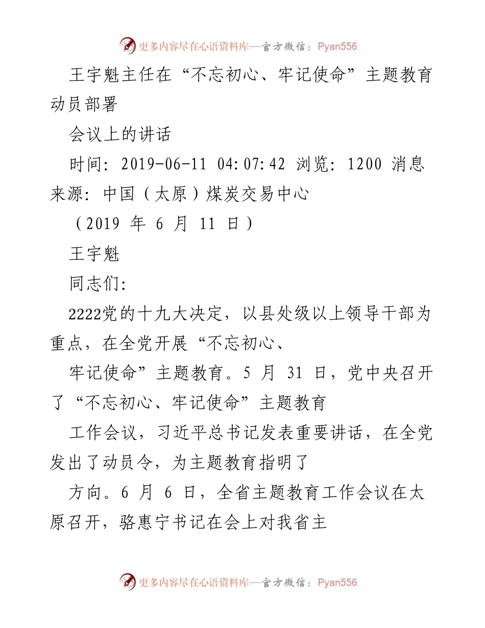 [发言] 动员部署会议 - 王宇魁主任在“不忘初心、牢记使命”主题教育动员部署会上的讲话.docx_第1页